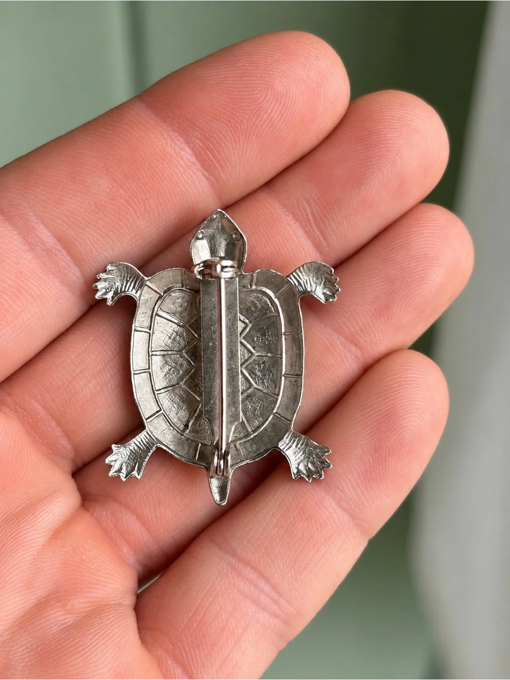 Silver Tone Turtle Brooch Purple Banded Stone Cabochon Vintage Style Pin